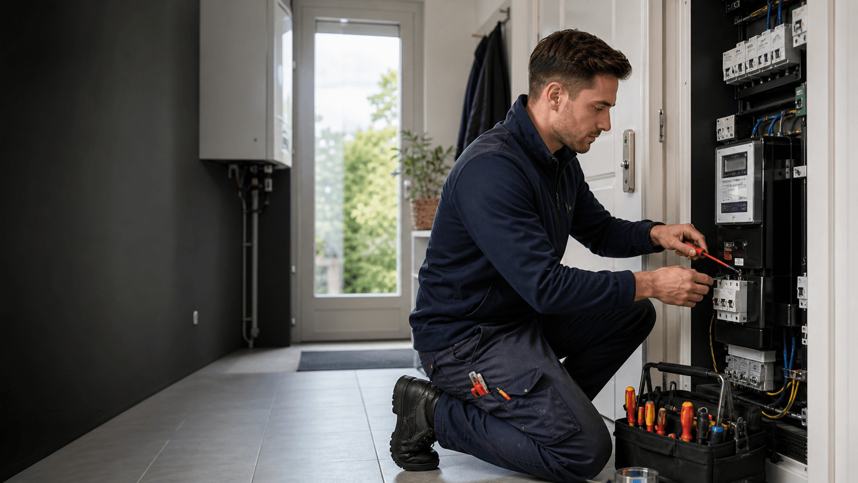 Elektricien werkt veilig aan een moderne meterkast in een Nederlandse woning